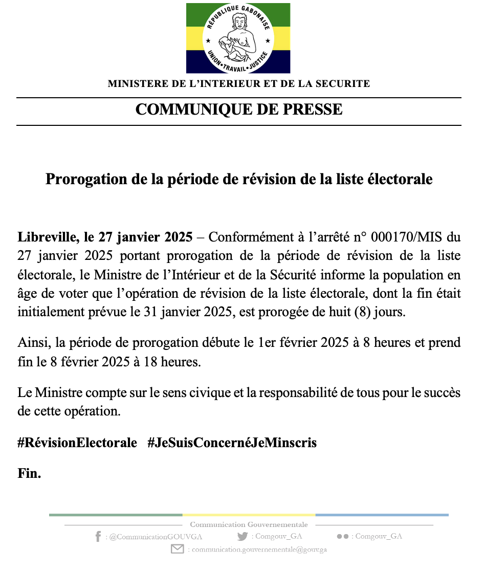 Prorogation de la période de révision de la liste électorale