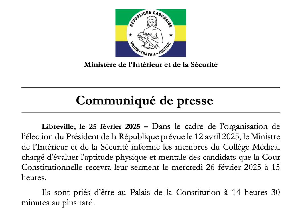 COMMUNIQUÉ DE PRESSE : Prestation de serment du Collège Médical en vue de l’élection présidentielle du 12 avril 2025