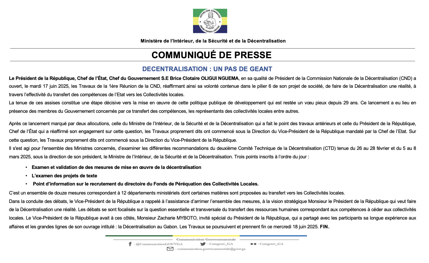 COMMUNIQUE DU MINISTERE DE L&rsquo;INTERIEUR , DE LA SECURITE ET DE LA DECENTRALISATION