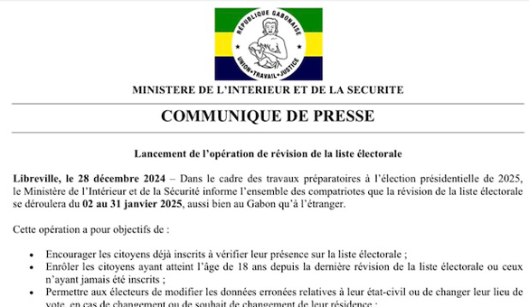 REVISION DE LA LISTE ELECTORALE 2025 DECLARATION DE PRESSE   DU MINISTERE DE L’INTERIEUR ET DE LA SECURITE