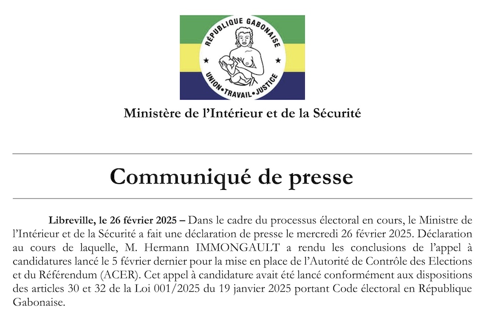 COMMUNIQUÉ DE PRESSE : SÉLECTION DES MEMBRES DE L&rsquo;AUTORITÉ DE CONTRÔLE DES ÉLECTIONS ET DU RÉFÉRENDUM (ACER)