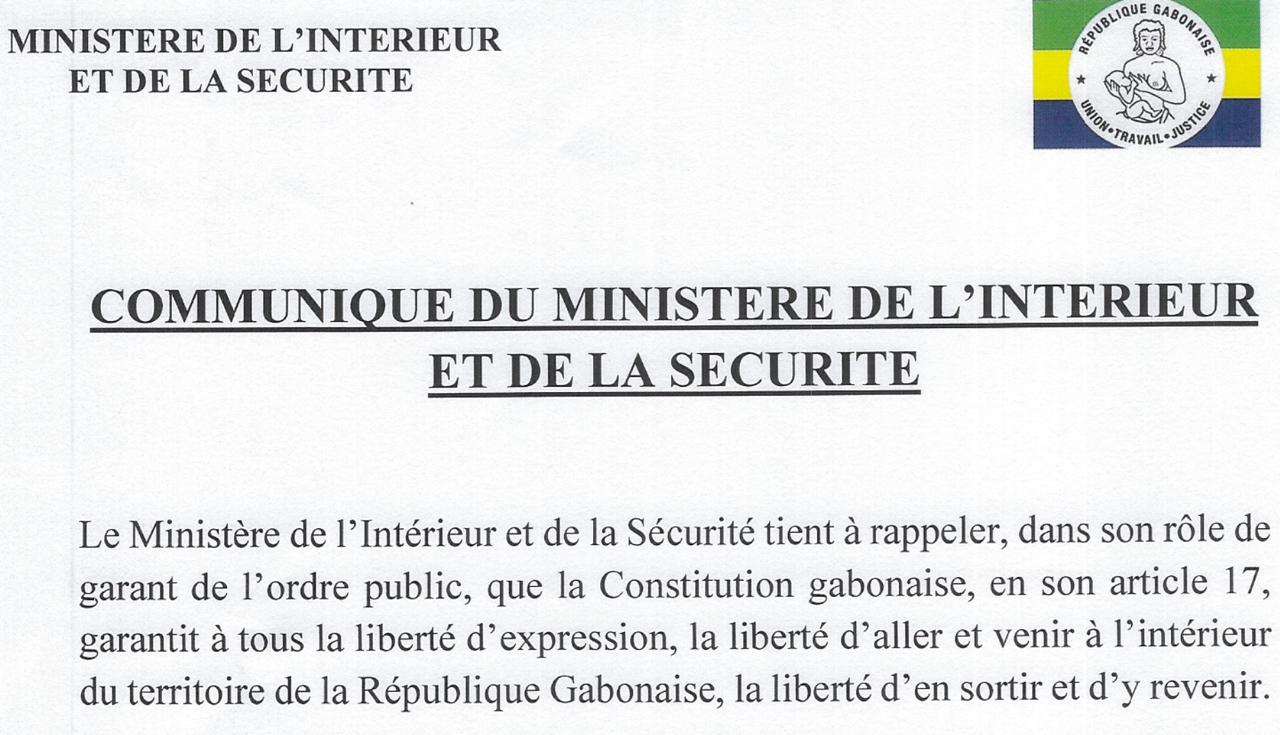 COMMUNIQUE DU MINISTERE DE L’INTERIEUR ET DE LA SECURITE