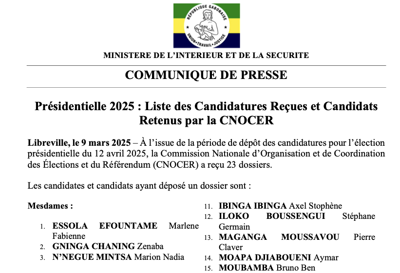 COMMUNIQUÉ DE PRESSE : LISTE DES CANDIDATURES REÇUES ET DES CANDIDATS RETENUS PAR LA CNOCER POUR L’ÉLECTION PRÉSIDENTIELLE DU 12 AVRIL 2025